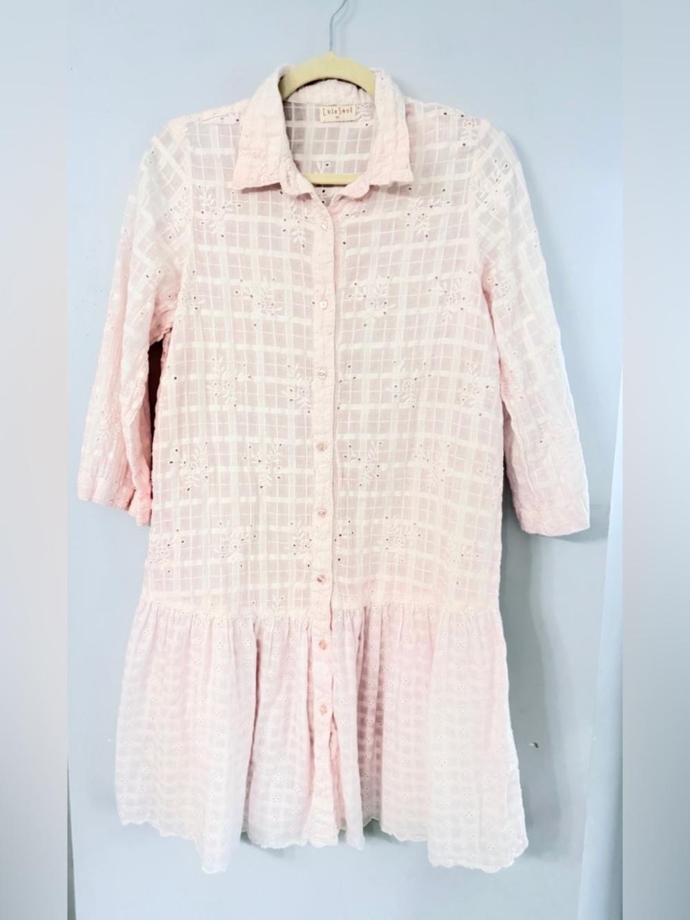 LulaSoul Pale Blush Pink Eyelet Floral Embroidered Drop Waist Knee Length Dress